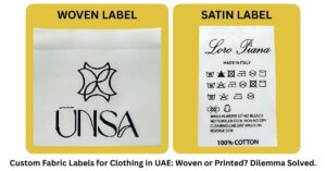 Side-by-side comparison of two custom fabric labels in UAE: on the left, a woven label with a soft white background, textured thread weave, and a bold black logo featuring a geometric emblem above the brand name 'UNSA' in a modern serif font; on the right, a satin printed label with a smooth, glossy white finish, showcasing the brand 'Loro Piana' in elegant cursive black script, followed by product details, washing symbols, and clear black text printed in a clean sans-serif font — a helpful visual guide for clothing brands in Dubai choosing between woven and printed fabric labels.