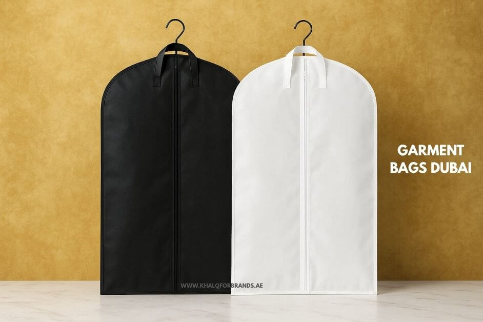 Black and white garment bags displayed against a gold background – premium Garment Bags Dubai by Khalq for Brands, ideal for custom branding, suit covers, and luxury garment protection.