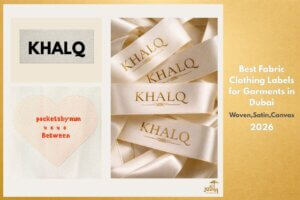 A warm gold-toned blog banner showing premium fabric clothing labels. On the left is a beige canvas label with the brand name “KHALQ” printed in black. Below it is a heart-shaped fabric label with red stitched text. On the right, several cream satin garment labels with gold-embossed “KHALQ” lettering are neatly layered, representing high-quality woven and satin clothing labels used by apparel brands in Dubai.