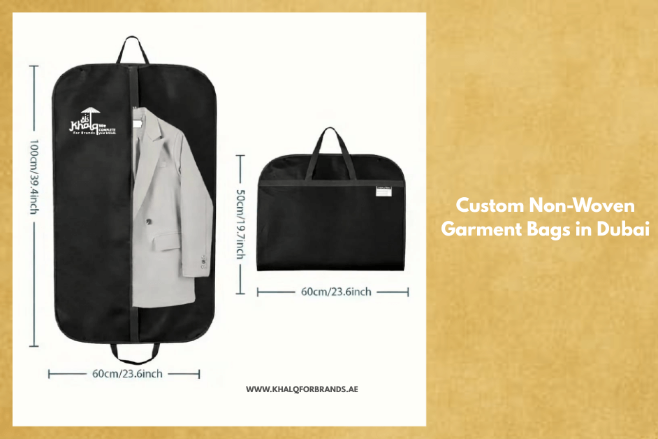 Banner image showing custom non-woven garment bags in Dubai. On the left, a black non-woven garment cover hangs vertically with a light grey suit jacket visible inside, designed for suit protection and retail use. The bag measures approximately 100 cm tall and 60 cm wide. On the right, a smaller black non-woven garment carry bag with handles is shown horizontally, measuring about 60 cm wide and 50 cm tall, suitable for folded clothing. The image highlights size dimensions, durability, and custom branding for garment bag manufacturers and buyers in Dubai, UAE.