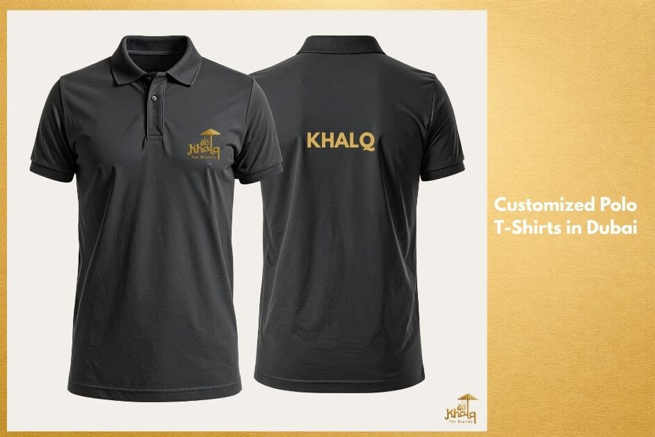Black customized polo t-shirts in Dubai showing front and back views, featuring a gold embroidered Khalq logo on the chest and brand name on the back for corporate uniforms.