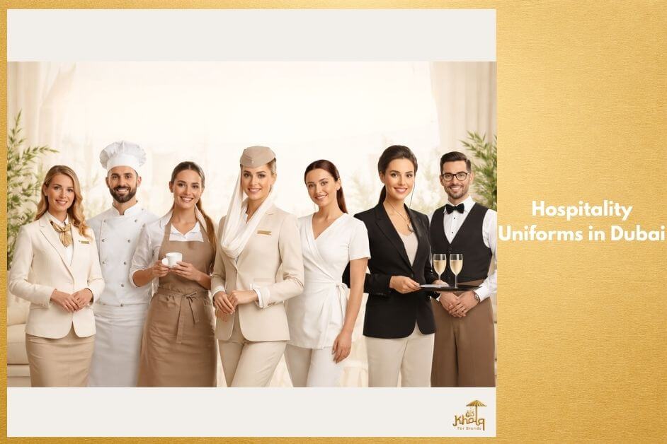 Group of hospitality professionals wearing hospitality uniforms in Dubai, UAE, including hotel staff, chef, café staff, airline crew, spa therapist, and waiter, dressed in white, beige, cream, and black tones.