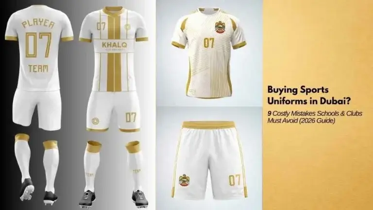 Promotional image showing a white and gold football uniform set with jersey, shorts, socks, and cleats, featuring the number 07 and gold accents. The design represents a guide for schools and clubs to buy sports uniforms in Dubai, focusing on avoiding 9 costly mistakes when choosing custom team sportswear.
