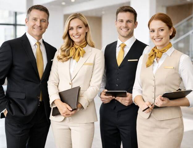 Four client-facing corporate professionals standing together in a bright, modern office environment, wearing coordinated uniforms in beige, black, and gold tones. The team includes men and women dressed in tailored suits, vests, and blouses with elegant scarves and ties, each holding folders or tablets. Their polished appearance represents client-facing corporate uniform trends in Dubai for 2026, highlighting professionalism, approachability, and strong brand presence during customer interactions.