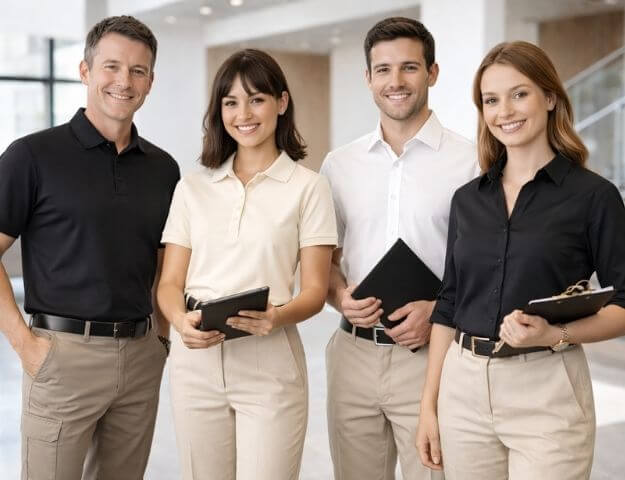 Four corporate employees standing together in a modern office space, wearing coordinated corporate polo and branded shirt uniforms in neutral tones such as black, beige, and off-white. The group includes men and women dressed in short-sleeve polos and formal shirts paired with tailored trousers, each holding work items like tablets and folders. The image represents corporate polo and branded shirt uniform trends in Dubai for 2026, highlighting a professional yet semi-formal appearance ideal for sales, admin, and support teams.