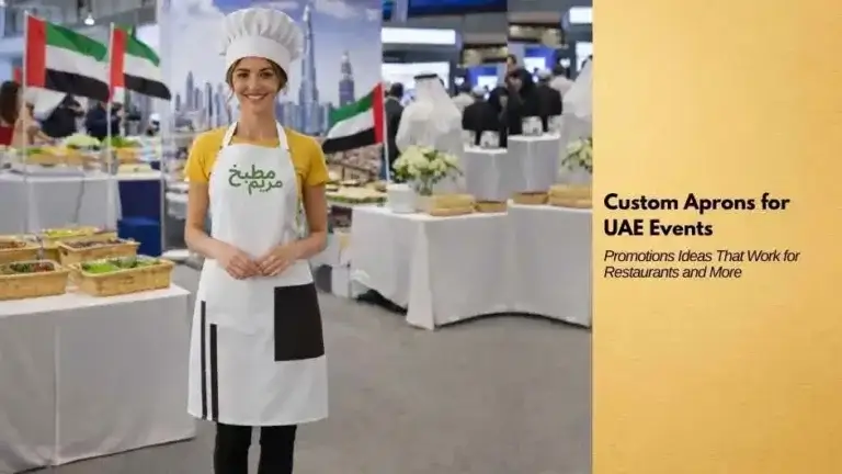 A smiling female chef wearing a branded white custom apron at a professional food exhibition in the UAE, with buffet tables, UAE flags, and event décor in the background, showcasing custom aprons for UAE events and restaurant promotions.