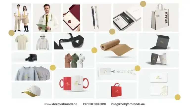 A collage of custom branded physical products including printed uniforms, t-shirts, hoodies, caps, shoes, woven labels, ribbons, packaging boxes, paper bags, mugs, pens, notebooks, keychains, and gift boxes, all branded with company logos for offices, businesses, events, and celebrations in Dubai, UAE.