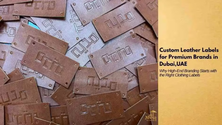 A full-frame image filled with premium leather brand labels in warm tan and brown shades. Each leather label features the brand name “مدية” debossed into the leather, with the Madia logo also pressed into the surface. The Arabic text and logo are indented into the leather rather than raised, and the labels are arranged closely together so the entire image is covered with repeating مدية leather tags, representing luxury clothing branding.