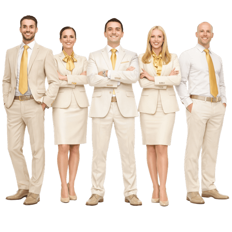 A group of professionally dressed men and women standing confidently in coordinated beige and white corporate uniforms with gold accents, including tailored suits, blazers, skirts, and formal shirts. The uniforms reflect premium customized corporate uniforms in Dubai, UAE, designed for businesses seeking branded uniforms and professional workwear customized with company names, details, or logos.