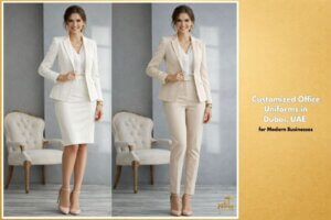 Elegant female model wearing premium customized office uniforms in Dubai, UAE, featuring a tailored white blazer with a knee-length skirt and a beige blazer paired with formal trousers, styled with a blouse and heels to represent professional, modern corporate workwear designed for comfort, sophistication, and strong brand identity.