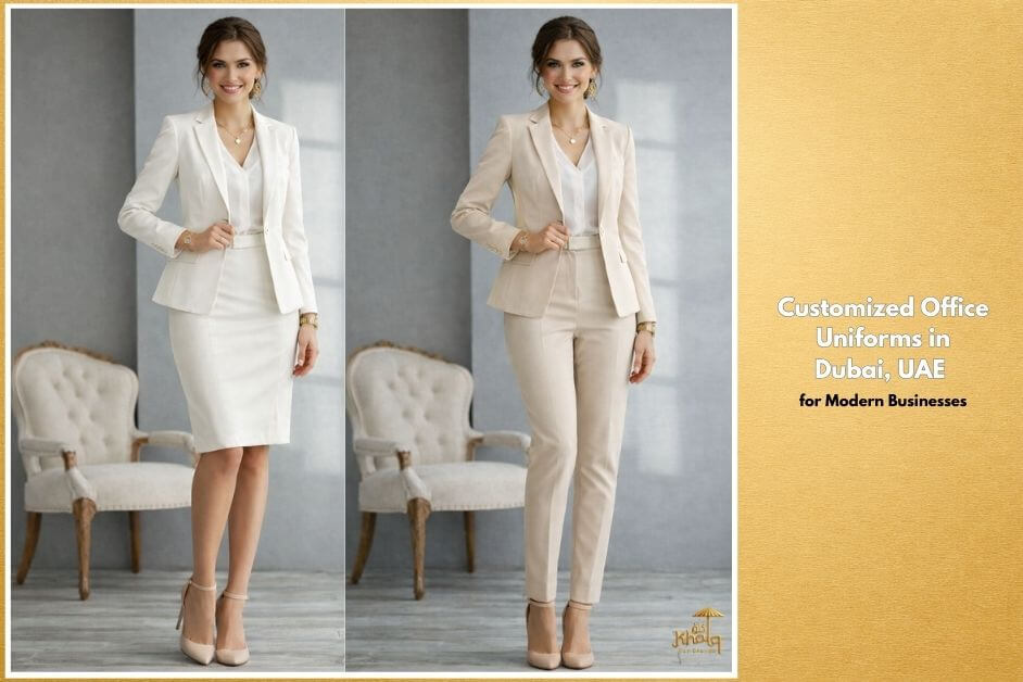 Elegant female model wearing premium customized office uniforms in Dubai, UAE, featuring a tailored white blazer with a knee-length skirt and a beige blazer paired with formal trousers, styled with a blouse and heels to represent professional, modern corporate workwear designed for comfort, sophistication, and strong brand identity.
