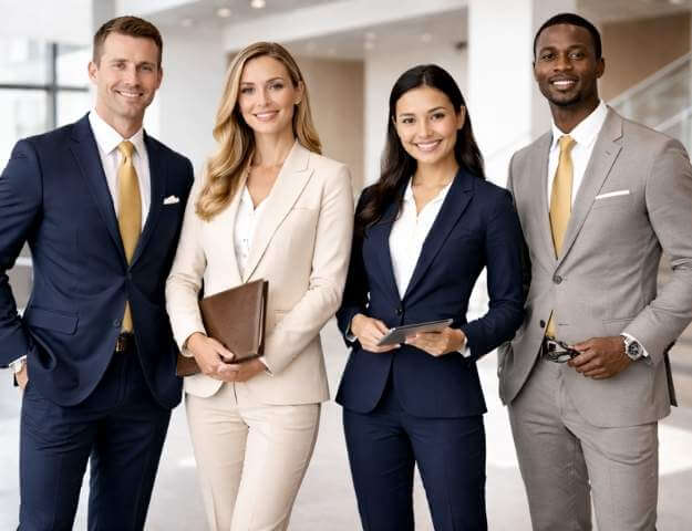 Four senior corporate professionals standing confidently in a modern office setting, wearing executive and leadership corporate uniforms in tailored suits of navy blue, beige, and grey. The group includes men and women dressed in structured blazers, formal trousers, and coordinated ties, each holding business essentials like folders and tablets. The image represents executive and leadership corporate uniform trends in Dubai in 2026, highlighting authority, professionalism, and refined corporate style.