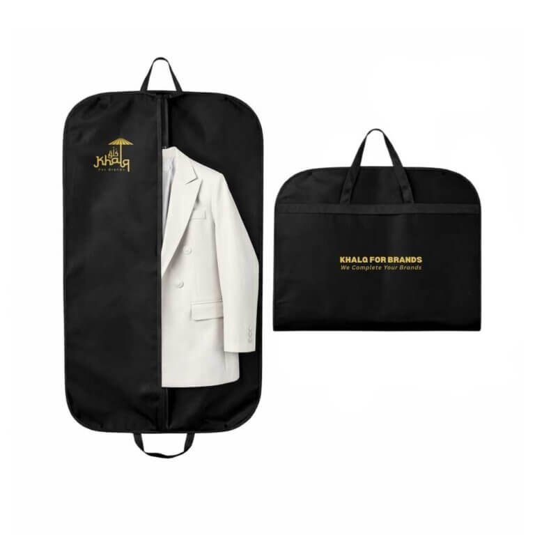 Foldable black suit covers made from non-woven fabric, featuring handles for easy carrying and storage, suitable for clothing protection in Dubai, UAE.