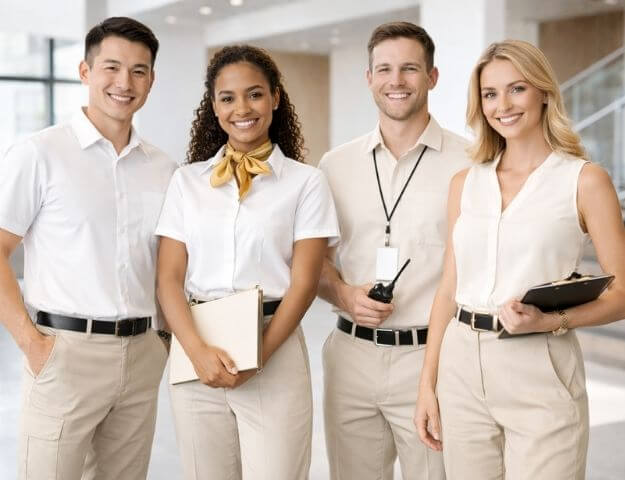 Four corporate employees standing together in a bright office space, wearing lightweight summer corporate uniforms in off-white and beige tones. The men and women are dressed in short-sleeve shirts, sleeveless blouses, and breathable trousers designed for hot climates, each holding simple work items like folders and devices. The image represents lightweight summer corporate uniform trends in Dubai for 2026, emphasizing comfort, breathability, and a professional appearance suitable for warm weather.
