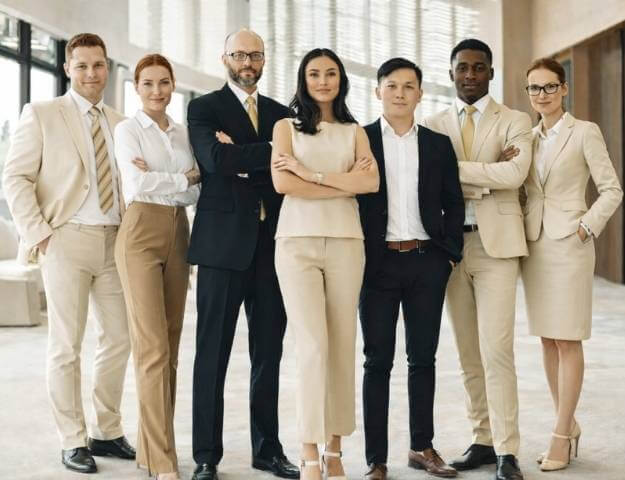 A group of professionally dressed executives standing confidently in a modern corporate office, wearing tailored suits in neutral tones like beige, off-white, and black. The clean lines, structured blazers, and formal styling represent modern formal corporate uniforms trends in Dubai in 2026, reflecting professionalism, authority, and premium corporate branding.