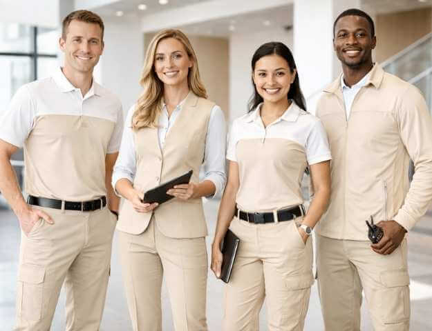 Four corporate professionals standing together in a modern office, wearing coordinated multi-functional executive corporate uniforms in beige and off-white tones. The group includes men and women dressed in tailored polo shirts, vests, and trousers designed for flexibility across roles. Each person carries light work essentials, showing a balance of professionalism and practicality. The image represents multi-functional executive corporate uniforms suitable for leadership and cross-department roles in Dubai.