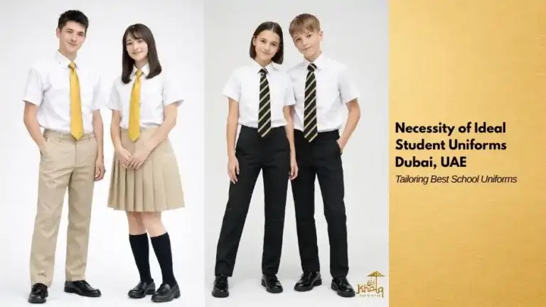Four school-aged students stand against a white background wearing formal school uniforms. Two wear beige and white uniforms with yellow ties, and two wear black trousers with white shirts and black-and-yellow striped ties. All are wearing black shoes. Text on the right reads “Necessity of Ideal Student Uniforms, Dubai, UAE.