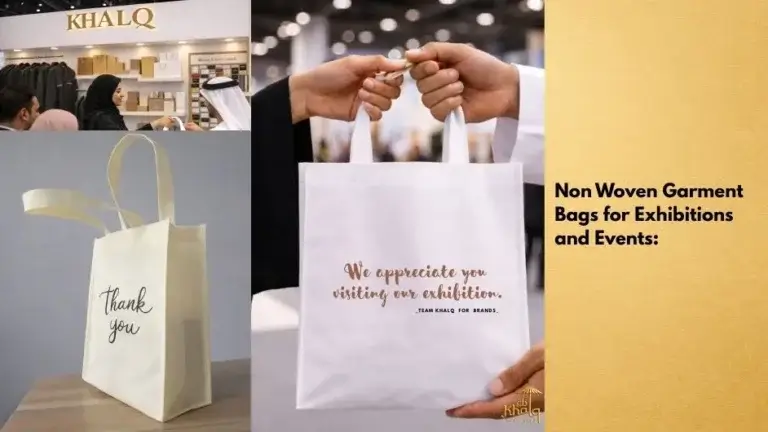 A collage image showing non woven garment bags for exhibitions and events. On the left, a white non woven bag stands upright on a table with the words “Thank you” printed on it. In the center, two people hold a white non woven promotional bag by its handles, printed with the message “We appreciate you visiting our exhibition,” highlighting its use as a giveaway at trade shows. In the background, an exhibition booth displays garments, packaging, and branding materials. On the right, text emphasizes non woven garment bags as a promotional solution for exhibitions and events.