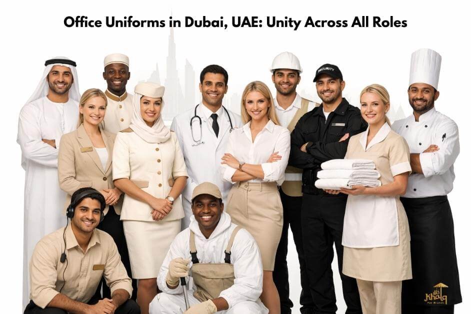 A diverse group of office employees in Dubai stands together against a white background. They wear different professional uniforms representing roles such as management, healthcare, hospitality, security, engineering, and service staff. All uniforms use neutral colors like white, beige, black, cream, and gold, creating a unified and professional appearance despite different job roles.