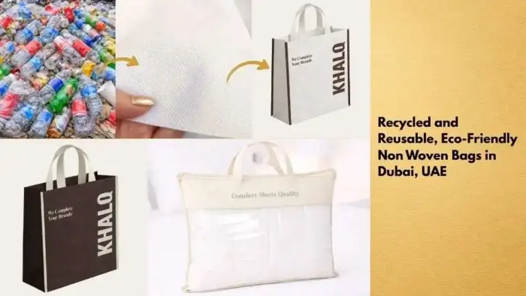 A step-by-step visual showing recycled plastic bottles turned into eco-friendly non-woven bags: on the left, a pile of used plastic bottles; in the center, a close-up of white non-woven fabric; and on the right, finished reusable shopping bags with printed branding.
