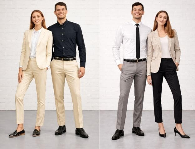 Two pairs of corporate professionals standing against a clean studio background, wearing smart business casual uniforms in neutral tones. The women are dressed in tailored blazers, trousers, and low heels, while the men wear fitted shirts with chinos or formal trousers. The outfits combine comfort with professionalism, representing smart business casual uniform trends in Dubai for 2026, suitable for modern offices and semi-formal work environments.