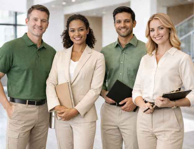 Four corporate professionals standing side by side in a bright, modern office environment, wearing coordinated modern formal corporate uniforms in neutral beige and green tones. The men are dressed in tailored shirts and trousers, while the women wear structured blazers and formal trousers, each holding office essentials like folders and notebooks. The image represents modern formal corporate uniforms trends in Dubai in 2026, highlighting professionalism, coordination, and contemporary corporate style for Khalq’s brand blog.