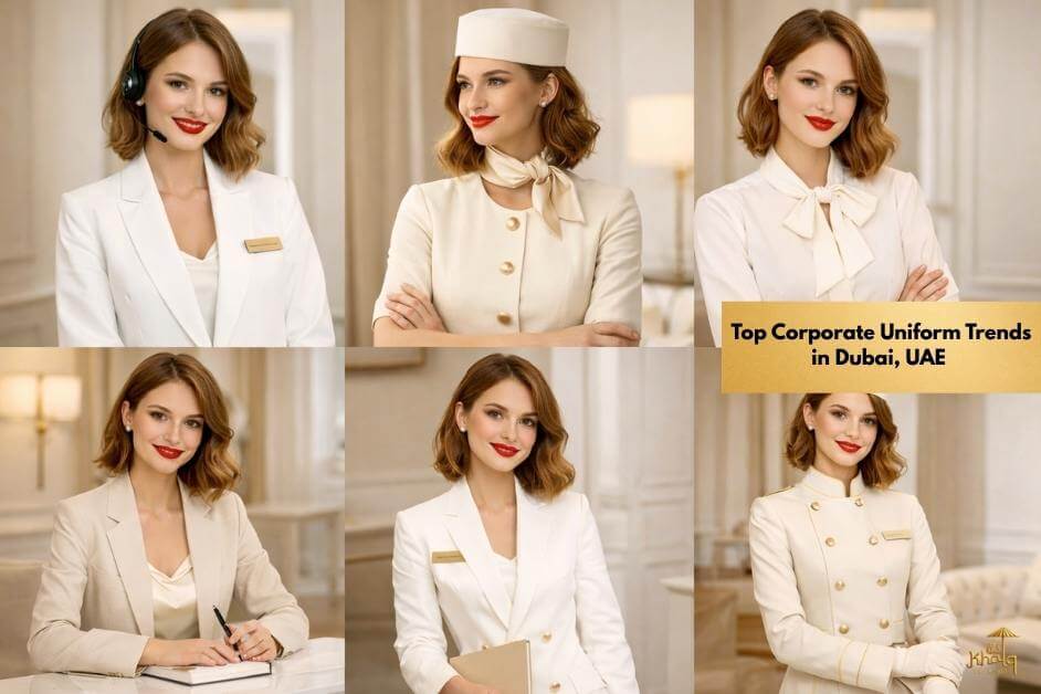 A featured collage image showing the same professional woman styled in different corporate uniforms, including blazers, tailored jackets, scarves, and formal dresses in white, off-white, cream, and beige tones. She appears in various professional roles such as front office, executive, and client-facing positions, standing or seated in an elegant corporate interior. The image represents top corporate uniform trends in Dubai, UAE for 2026, highlighting modern formal, modest, and premium corporate uniform designs.