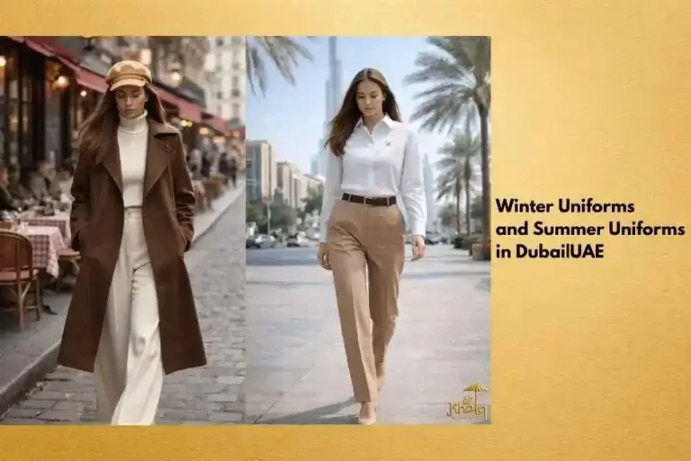 Winter Uniforms and Summer Uniforms in Dubai showing two women walking outdoors, one wearing a long brown winter coat with light trousers in a Dubai city street, and the other wearing a white shirt with beige trousers suitable for summer weather in Dubai.