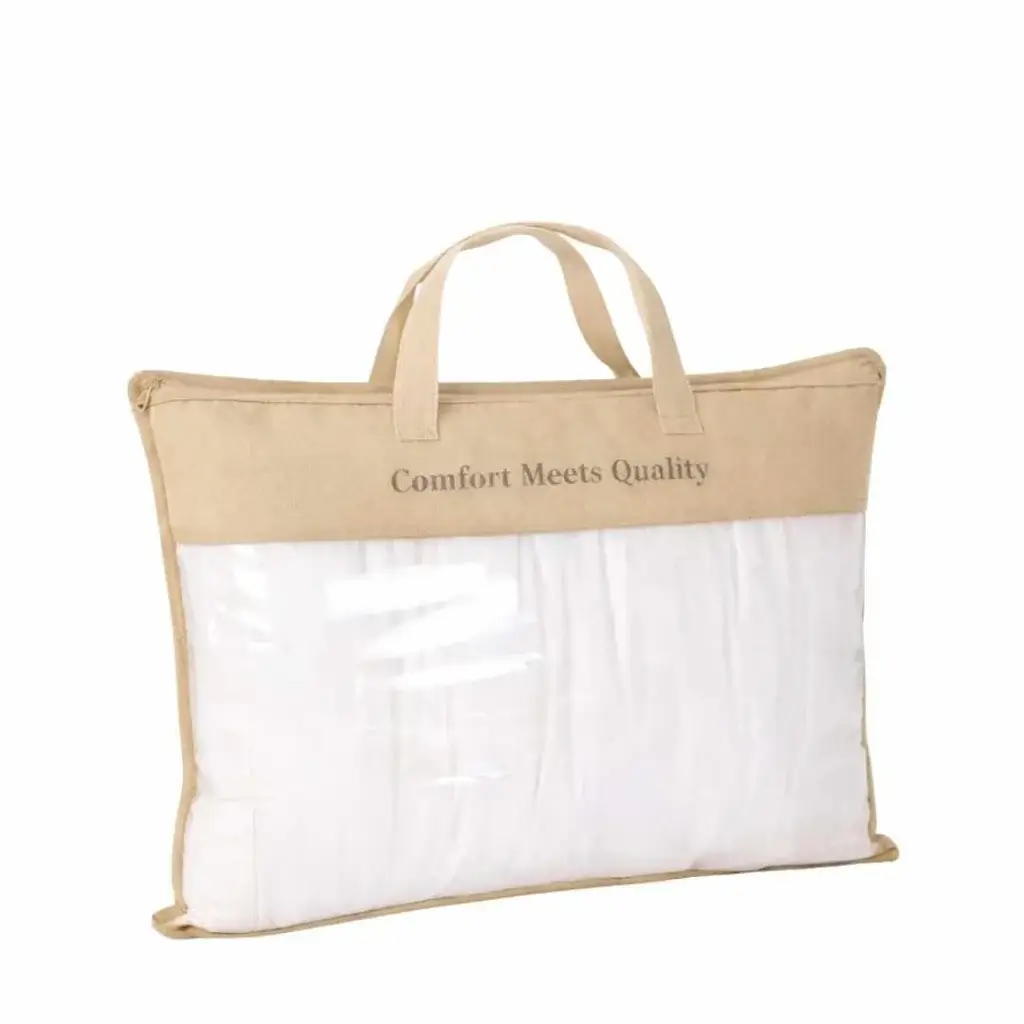 Beige non-woven storage bag with short handles and a transparent front panel, designed to store bedding or household items, customized for use in Dubai, UAE.