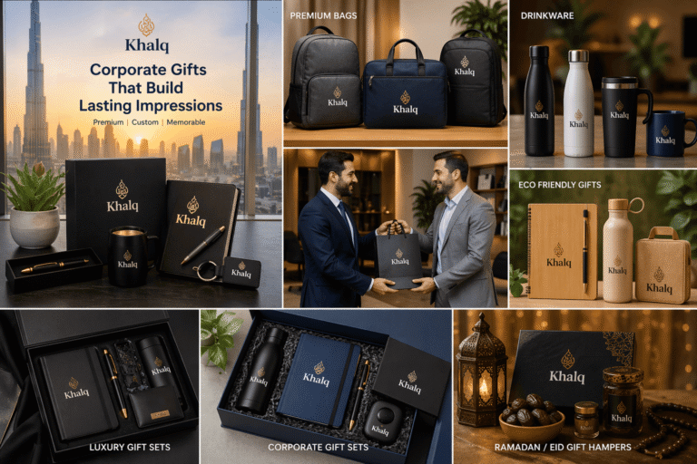 Premium corporate gift ideas UAE with Khalq branded gift boxes, bags, drinkware and luxury business gifts in Dubai