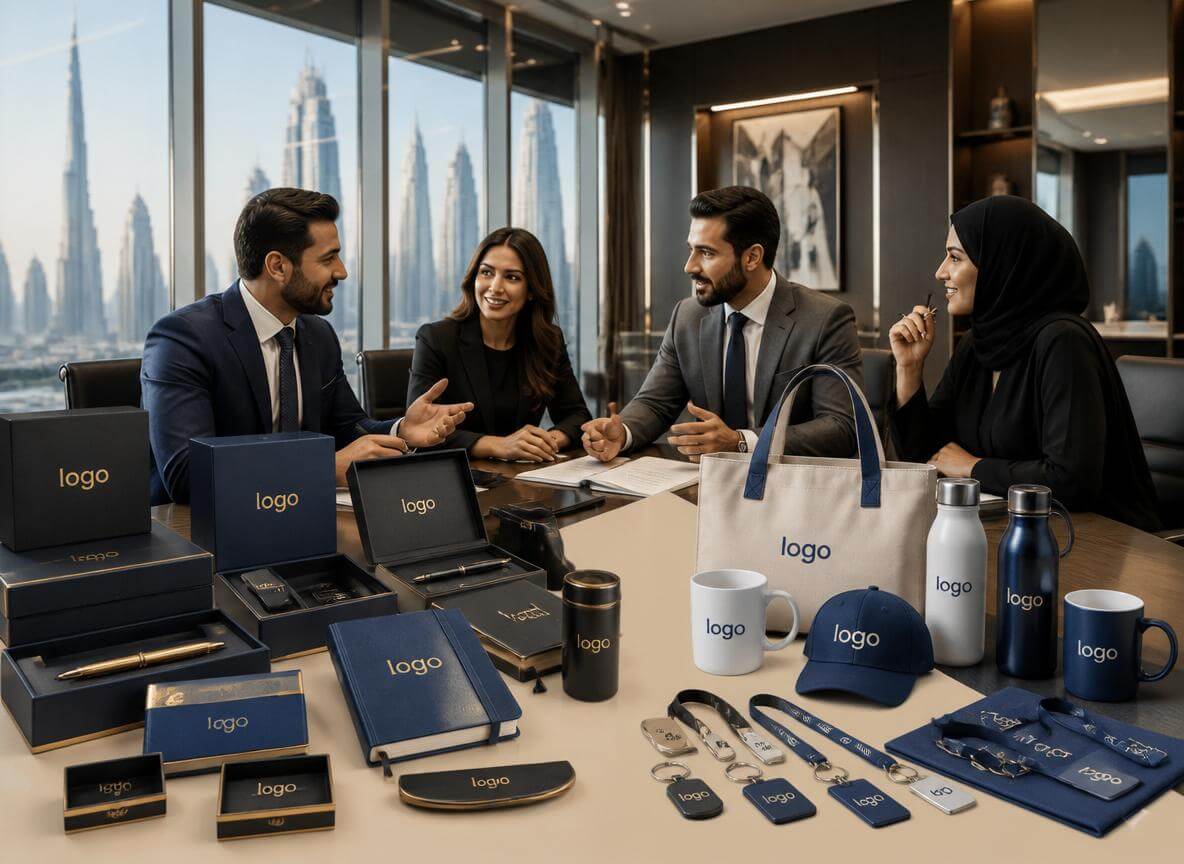 Corporate gifts and promotional gifts comparison featuring branded gift boxes, executive gifts, mugs, tote bags, and promotional products in a modern Dubai office environment