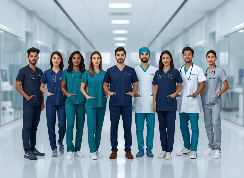 Healthcare professionals wearing premium customized medical uniforms in a modern UAE hospital, showcasing comfortable, durable, and professional hospital workwear.