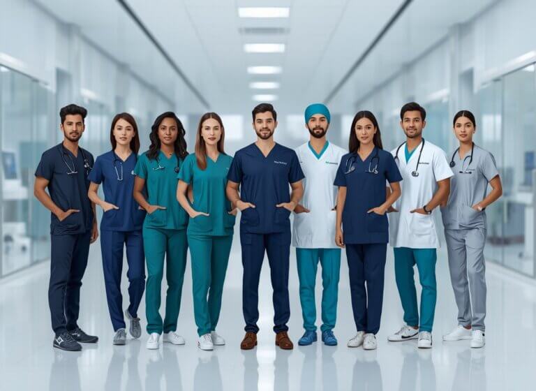 Healthcare professionals wearing premium customized medical uniforms in a modern UAE hospital, showcasing comfortable, durable, and professional hospital workwear.