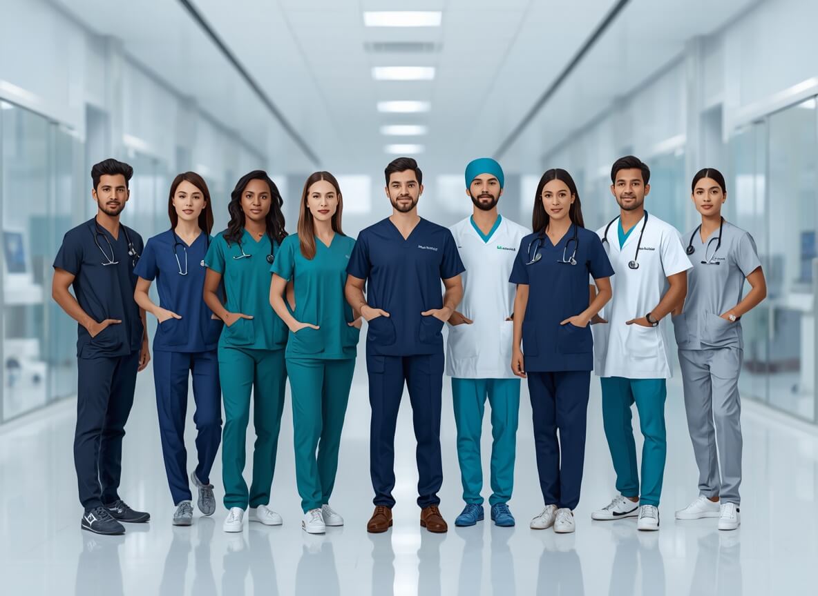 Healthcare professionals wearing premium customized medical uniforms in a modern UAE hospital, showcasing comfortable, durable, and professional hospital workwear.