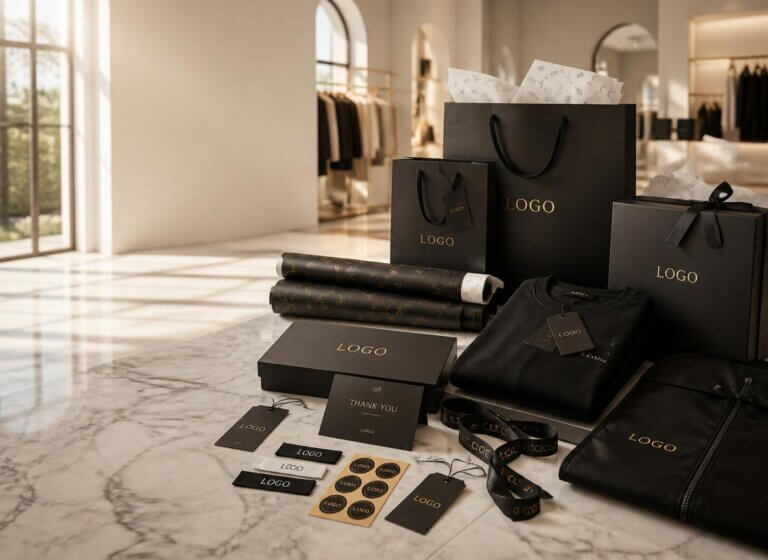 Complete fashion packaging and branding kit featuring custom paper bags, hang tags, wrapping paper, labels, and garment covers for clothing brands in Dubai.